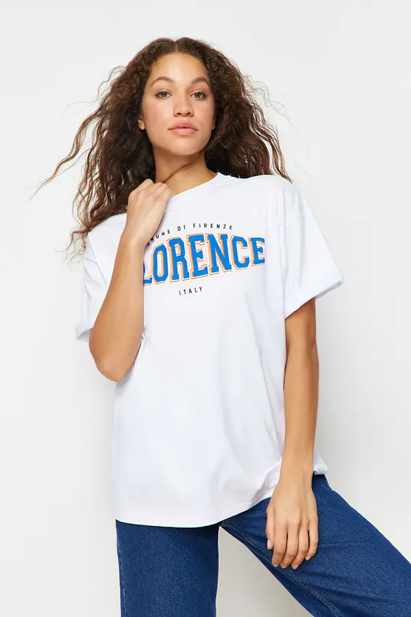 Trendyol Trendyol White 100% Cotton Crew Neck Printed Oversize/Wide Fit Knitted T-Shirt