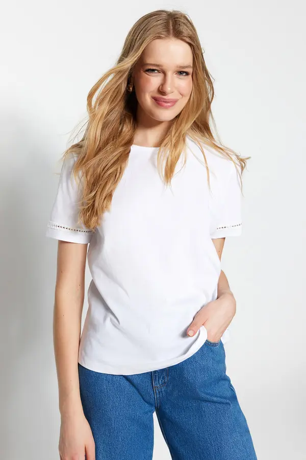Trendyol Trendyol White 100% Cotton Embroidery Detailed Basic Crew Neck Knitted T-Shirt