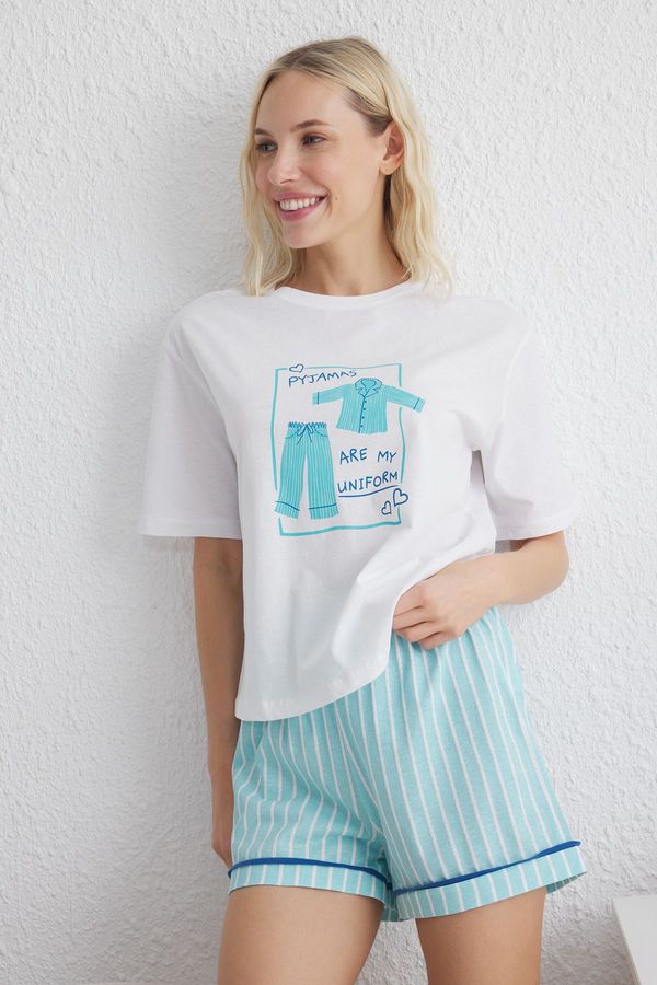 Trendyol Trendyol White-Blue Plain Jersey Knitted Pajama Set