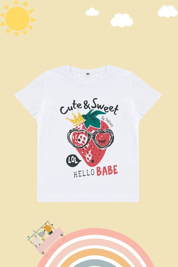 Trendyol Trendyol White Girl's Short Sleeve Strawberry Patterned Crew Neck Knitted T-Shirt