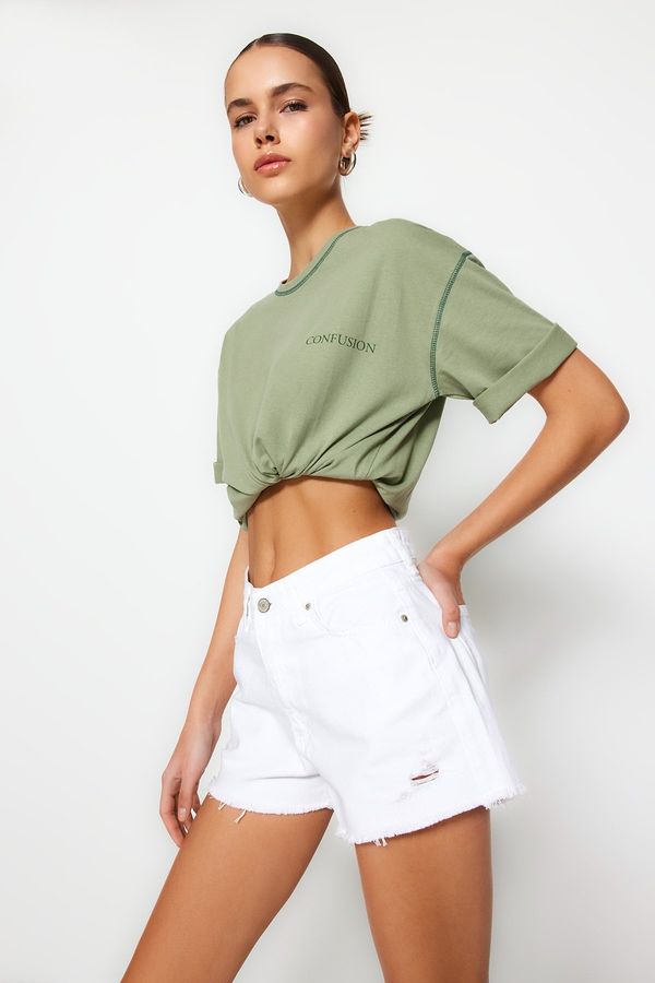 Trendyol Trendyol White Ripped Detail Denim Shorts