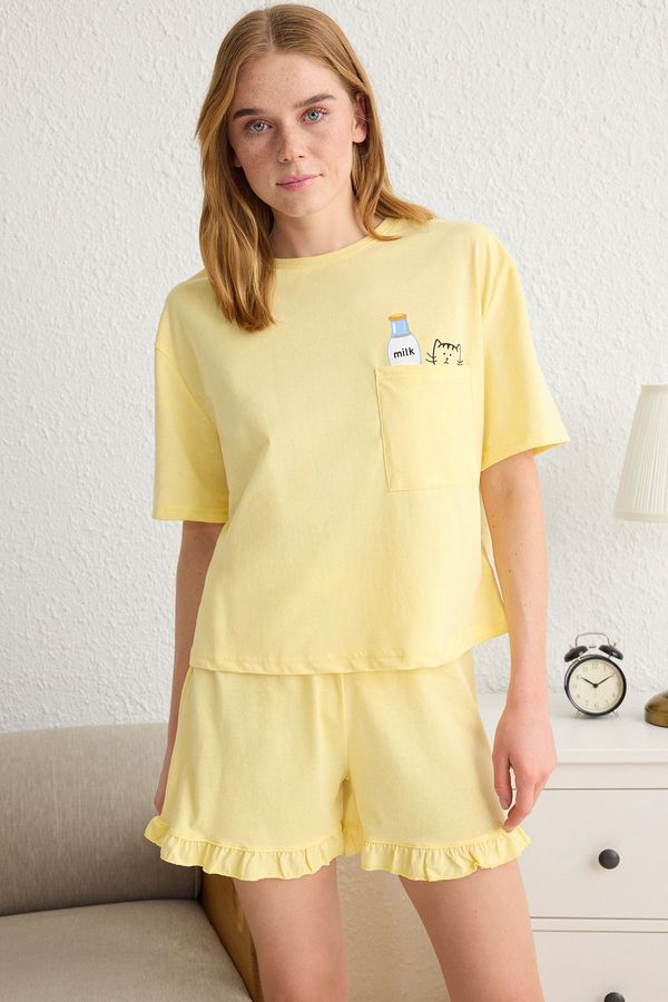 Trendyol Trendyol Yellow Plain Ruffle Jersey Knitted Pajama Set