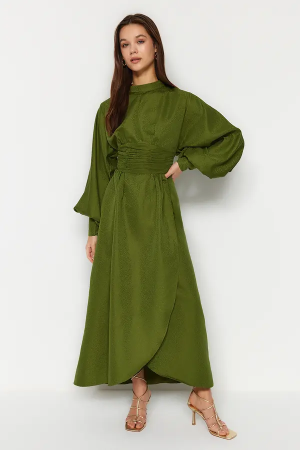 Trendyol Trendyol zelena ugrađena Jacquard satenska cvjetna tkana
