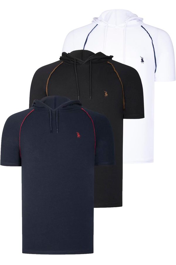 dewberry TRIPLE SET T8570 DEWBERRY HOODED MEN'S T-SHIRT-NAVY BLUE-WHITE-BLACK