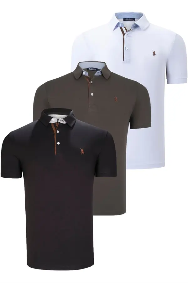 dewberry TRIPLE SET T8582 DEWBERRY MENS T-SHIRT-BLACK-WHITE-KHAKI