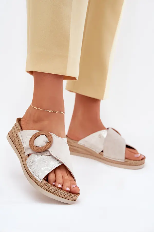 Inblu Wedge Sandals For Women With Decorative Buckle Light Beige Inblu