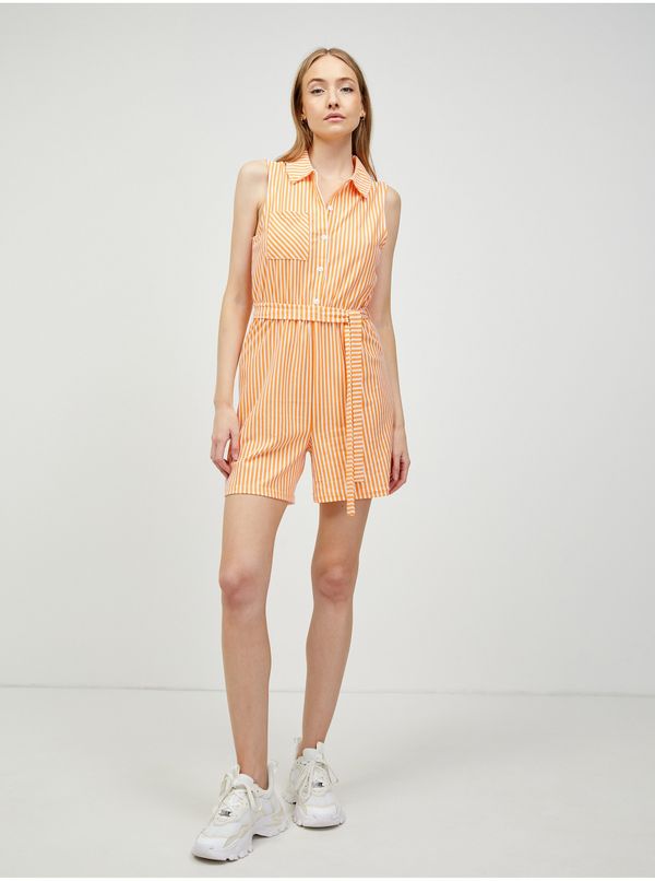 Pieces White-orange striped short jumpsuit with tie Pieces Tamar - Women's