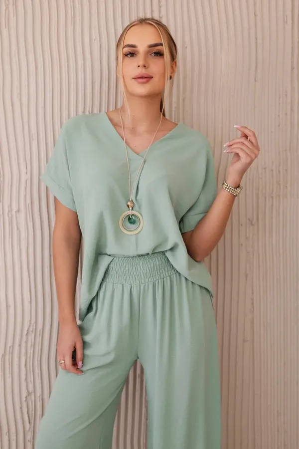 Kesi Włoski Włoski Set with necklace blouse + pants dark green