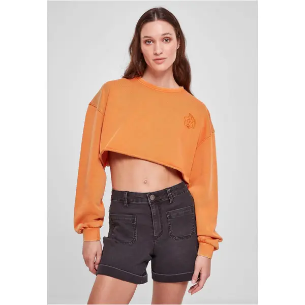 Urban Classics Women's Cropped Floral Embroidery Terry Crewneck vintageorange