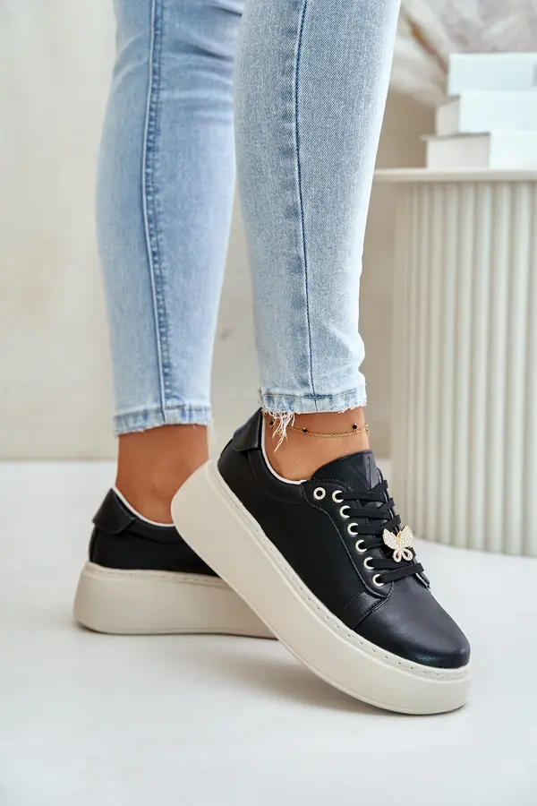 VINCEZA Women's leather platform sneakers with Vinceza brooch black