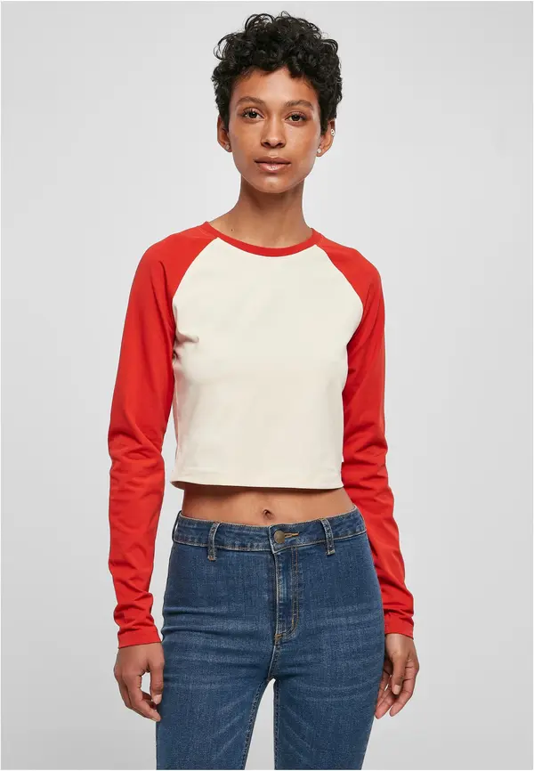 Urban Classics Women's Organic Cropped Retro Baseball Long Sleeve White Sand/Huge