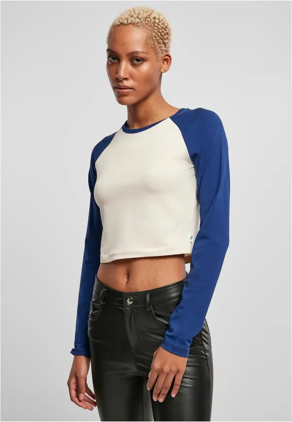 Urban Classics Women's Organic Cropped Retro Baseball Long Sleeves, White Sand/Space Blue