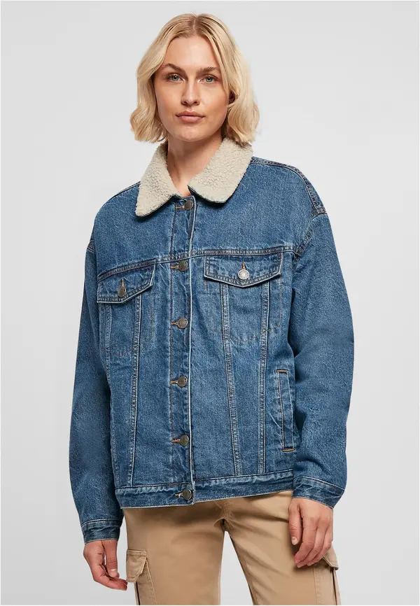 Urban Classics Women's Oversized Denim Jacket Sherpa Clear Blue Washed