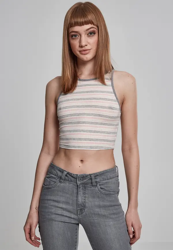 Urban Classics Women's Rib Stripe Cropped Top Pink/White/Grey