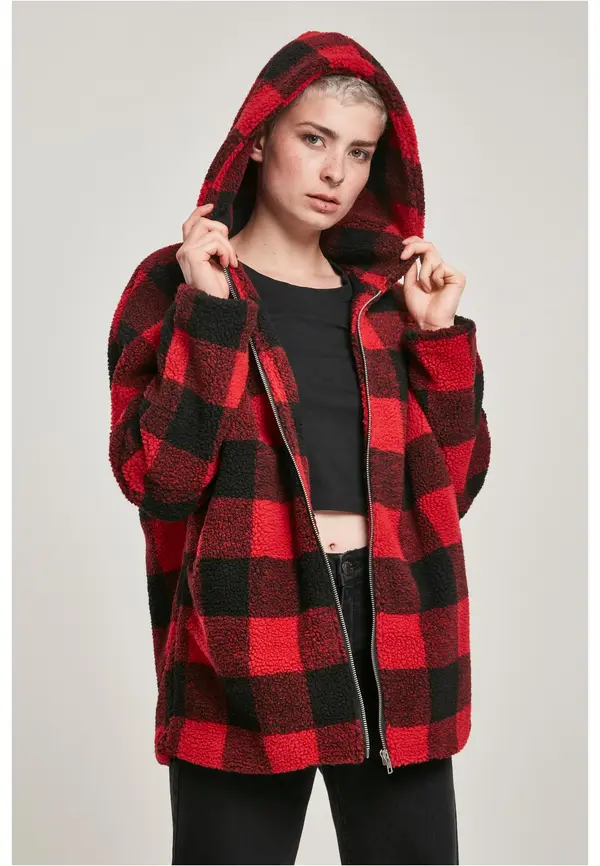 Urban Classics Women's Sherpa Oversized Check hooded jacket burnt/blk