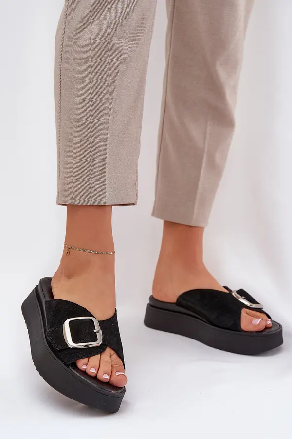Zazoo Women's Suede Slides With Buckle On Platform Black Zazoo 3019
