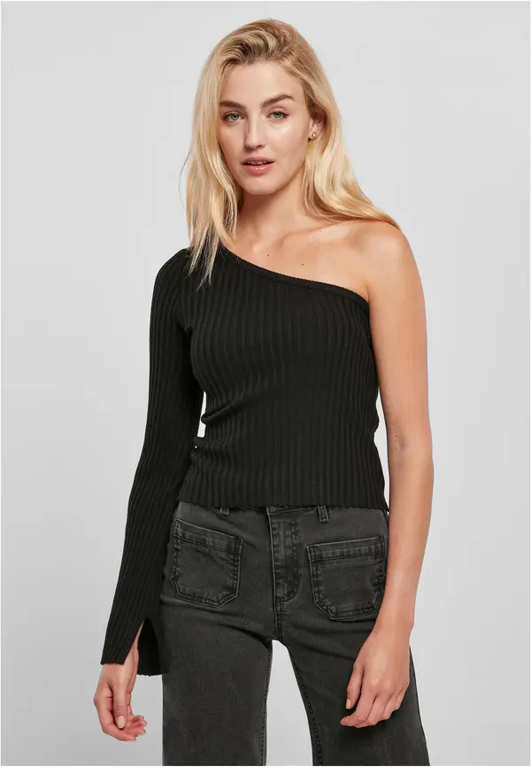 Urban Classics Women's sweater with short ribbed knit with one sleeves, black