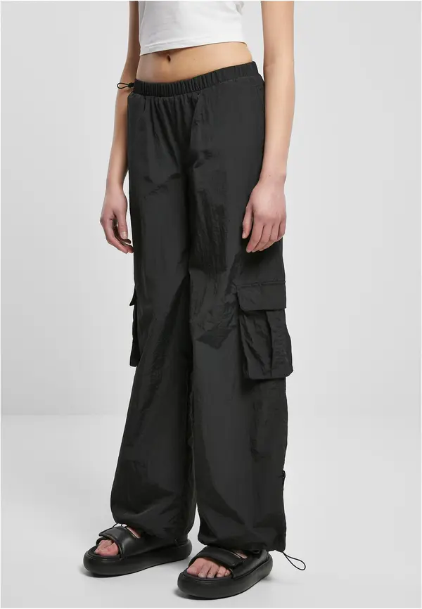 Urban Classics Women's Wide Crinkle Nylon Cargo Pants Black