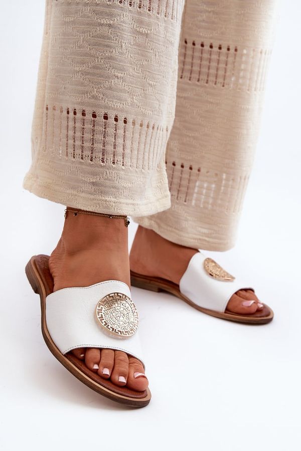 Zazoo Zazoo 2938 Leather Flat Heel Slippers With Ornament White