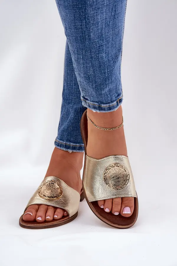 Zazoo Zazoo 2938 Leather Slippers On Flat Heel With Decoration Gold