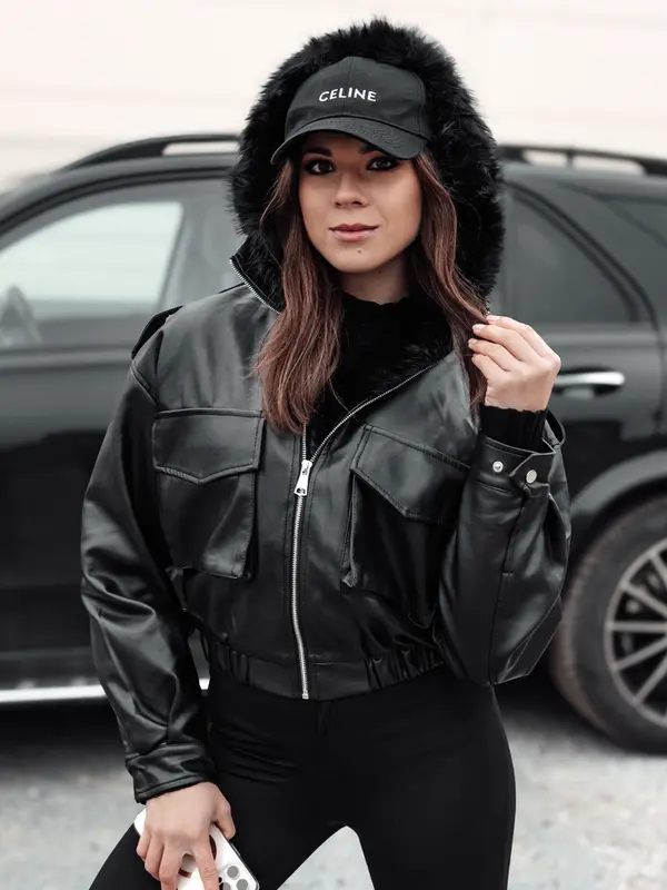 DStreet Ženska kožna jakna s kapuljačom i krznom