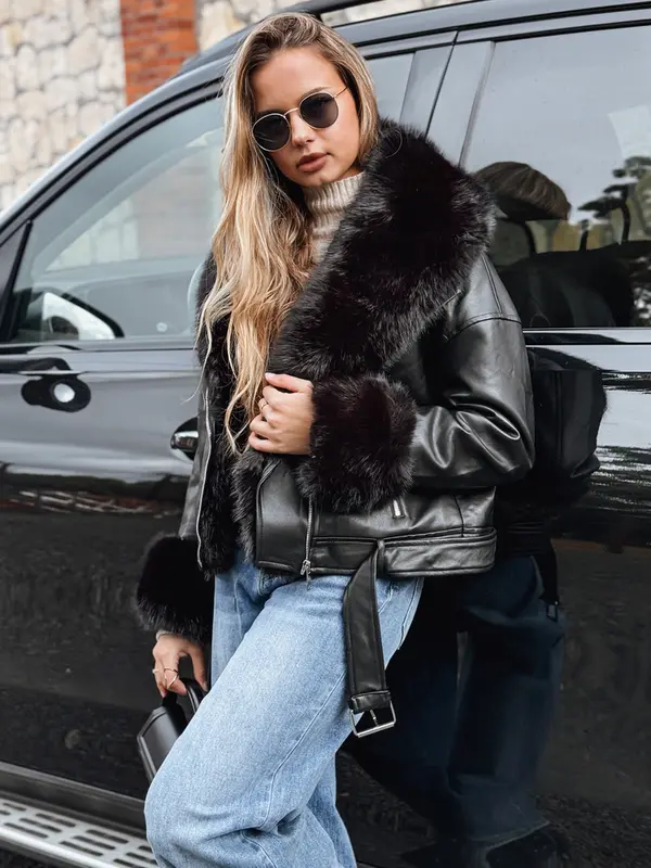 DStreet Ženska kožna jakna s krznenim obrubom
