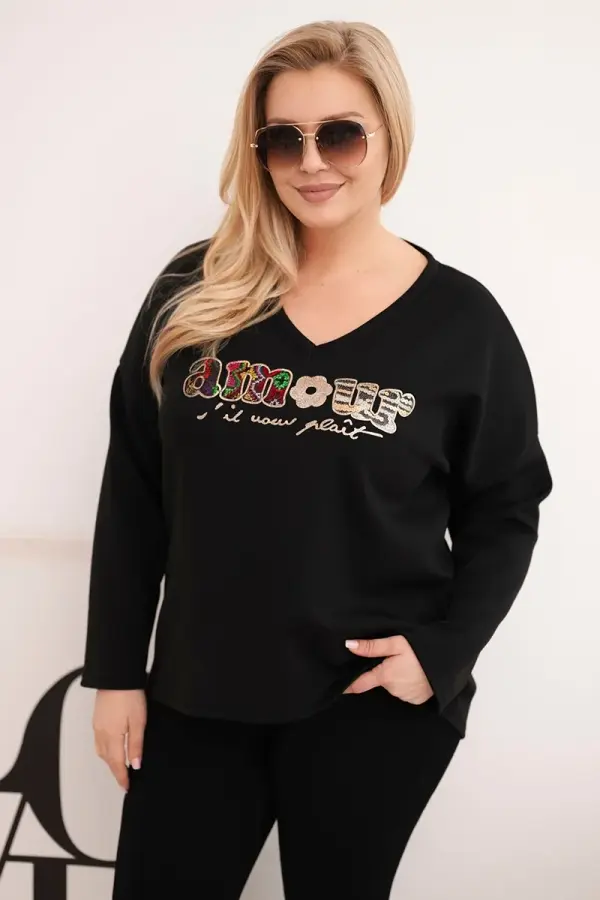 Kesi Włoski Ženska plus size majica s printom i V-izrezom, crna