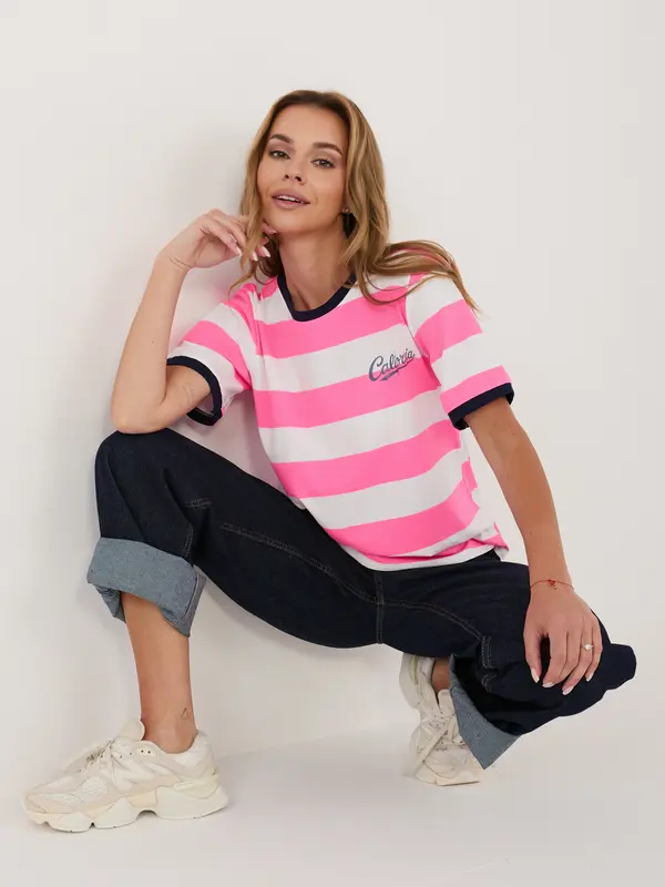 Italy Moda Ženska prugasta majica kratkih rukava, fluo ružičasta