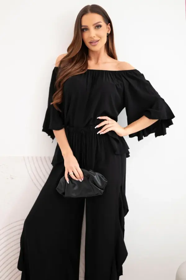 Kesi Włoski Ženski boho set od viskoze s volanima, crni