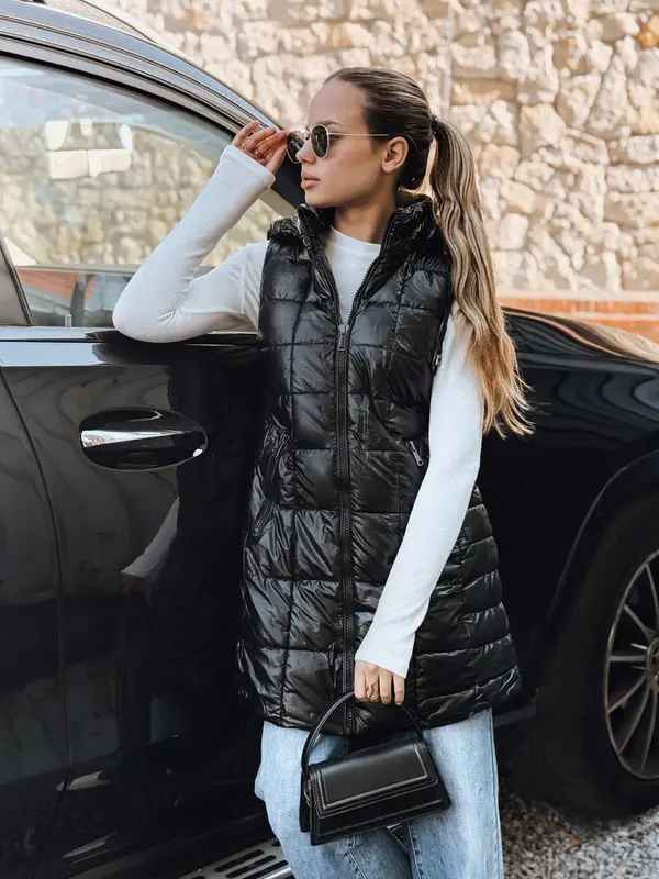 DStreet Ženski crni prošiveni prsluk s kapuljačom