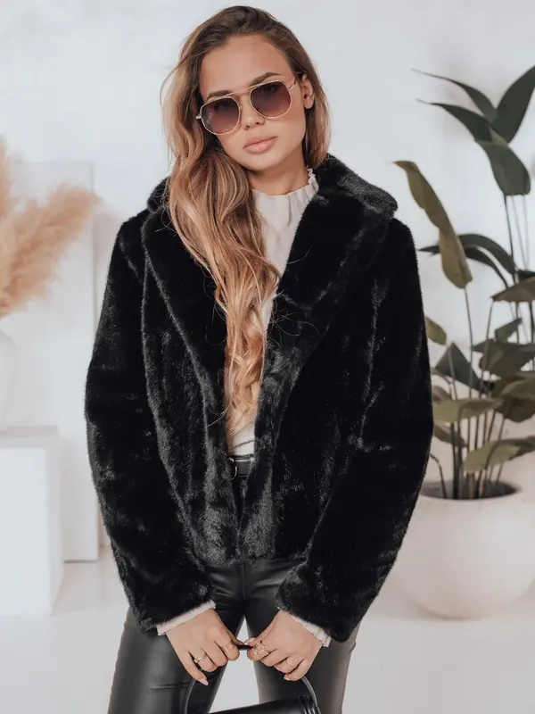 DStreet Ženski kratki crni krzneni kaput GLAMFLUFFY