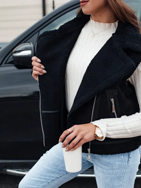 DStreet Ženski prsluk od brušene kože s krznom WOOLZIP