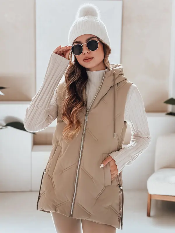 DStreet Ženski prsluk s kapuljačom boje devine kože