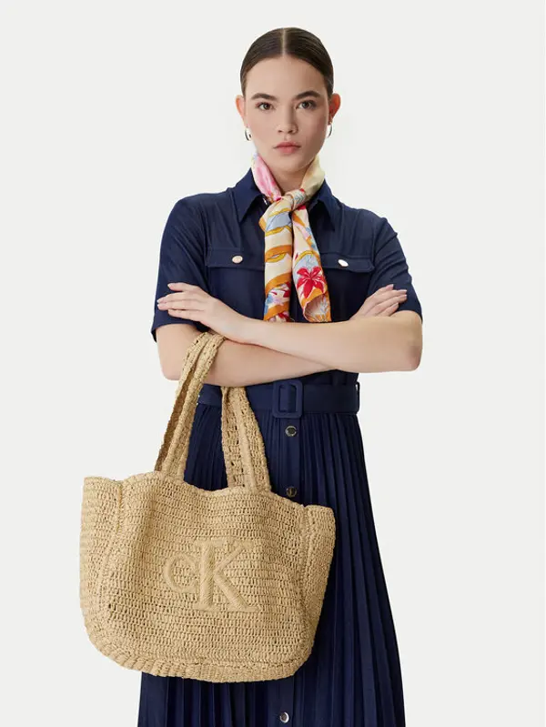 Calvin Klein Calvin Klein Torbica Bold Ck Raffia Medium Tote LV04F3447G Bež