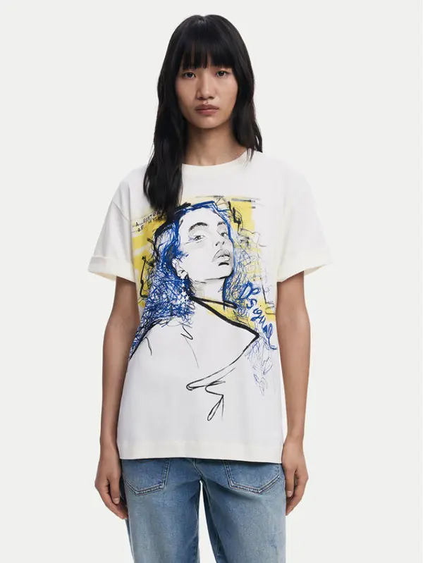 Desigual Desigual T-shirt Portrait 25WWTK05 Bijela Loose Fit