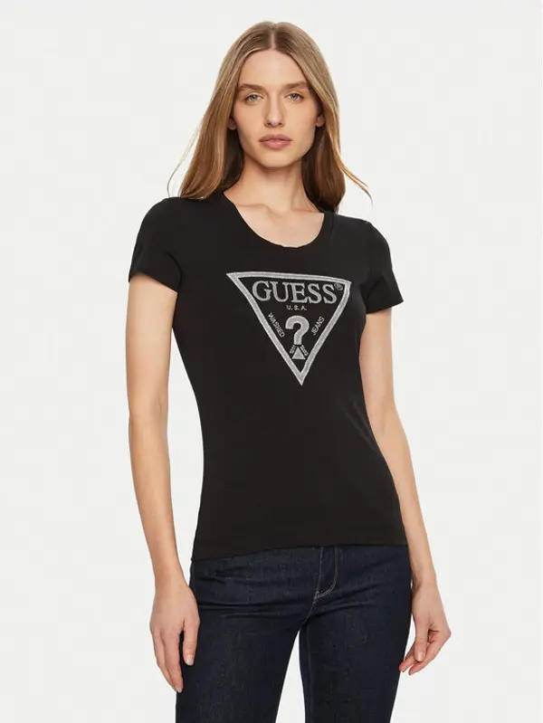 Guess Guess T-shirt SS CN SHINY TRIANGLE Crna Shirt Fit