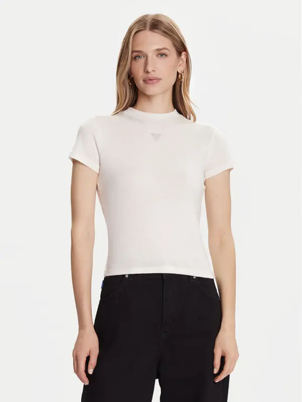 Guess Guess T-shirt W5BP07 KCGM2 Écru Slim Fit