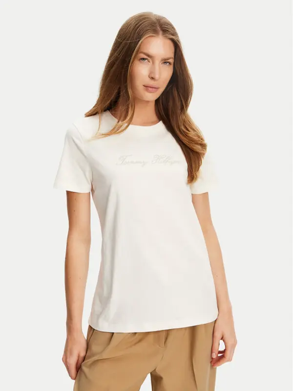 Tommy Hilfiger Tommy Hilfiger T-shirt Script WW0WW47210 Écru Regular Fit