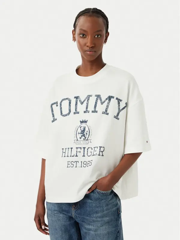 Tommy Hilfiger Tommy Hilfiger T-shirt Varsity WW0WW50940 Krem Relaxed Fit