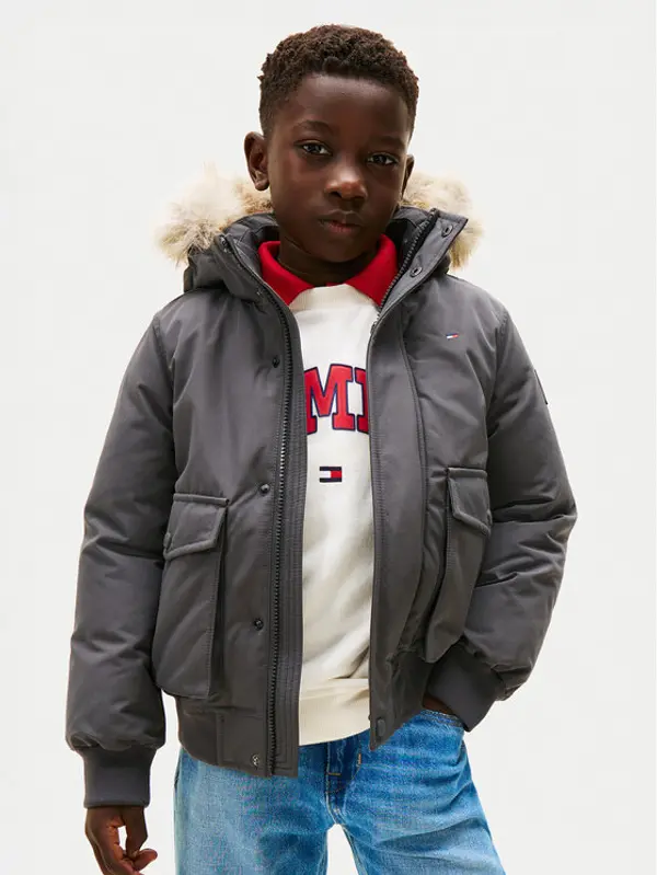Tommy Hilfiger Tommy Hilfiger Zimska jakna Hooded Fake Fur Bomber KB0KB09887 Siva Regular Fit