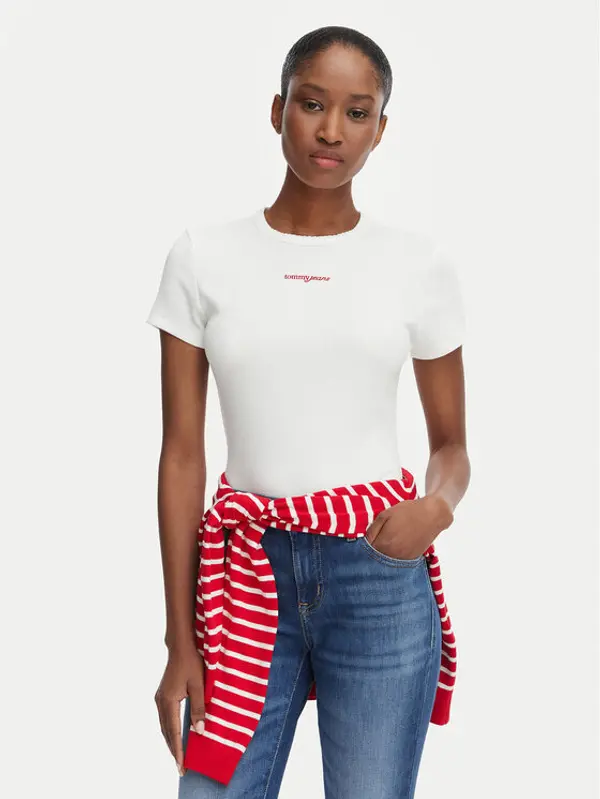 Tommy Jeans Tommy Jeans T-shirt Script Rib DW0DW22809 Krem Slim Fit