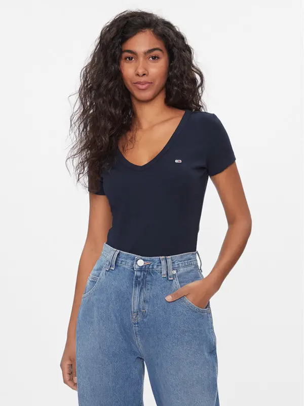 Tommy Jeans Tommy Jeans T-shirt Tjw Slim Essential Rib V Ss DW0DW17385 Tamnoplava Slim Fit