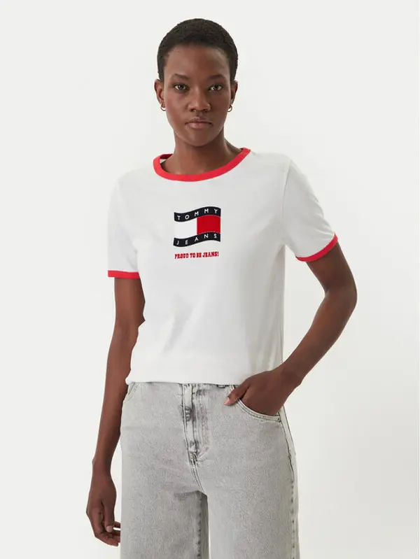 Tommy Jeans Tommy Jeans T-shirt Wavy Flag Contrast Ringer DW0DW22306 Bijela Regular Fit