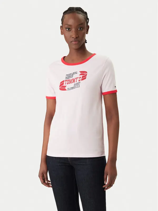 Tommy Jeans Tommy Jeans T-shirt Wavy Flag Contrast Ringer DW0DW22306 Ružičasta Regular Fit