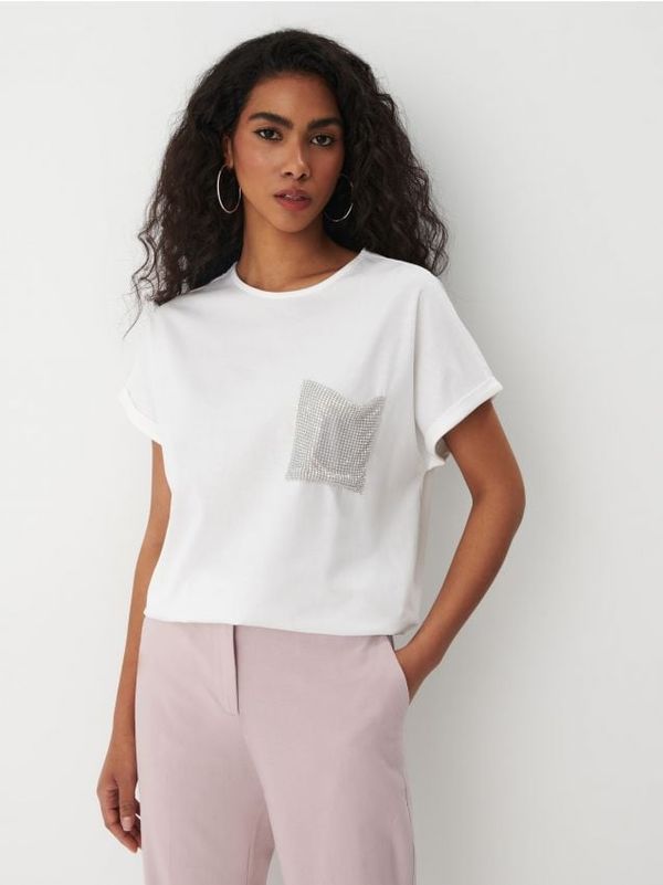 Mohito Mohito - Majica kratkih rukava s džepom sa šljokicama - bijela