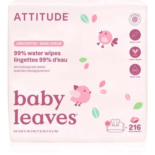 Attitude Attitude Baby Leaves Water Wipes vlažne maramice bez parfema 3x72 kom