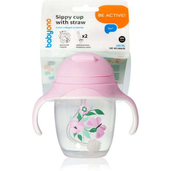BabyOno BabyOno Be Active Sippy Cup with Weighted Straw šalica za učenje pijenja sa slamkom 6 m+ Butterfly 240 ml
