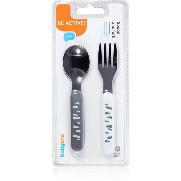 BabyOno BabyOno Be Active Stainless Steel Spoon and Fork pribor Grey-White 12 m+ 2 kom