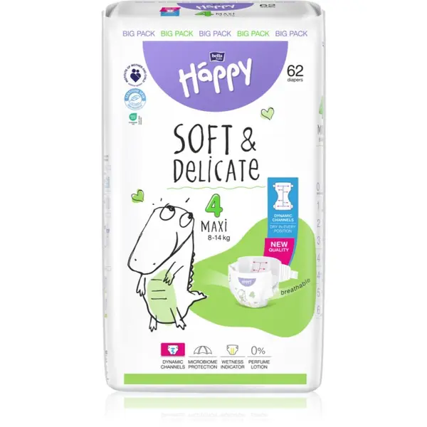 BELLA BELLA Baby Happy Soft&Delicate jednokratne pelene s kanalićima Maxi 8-14 kg 62 kom