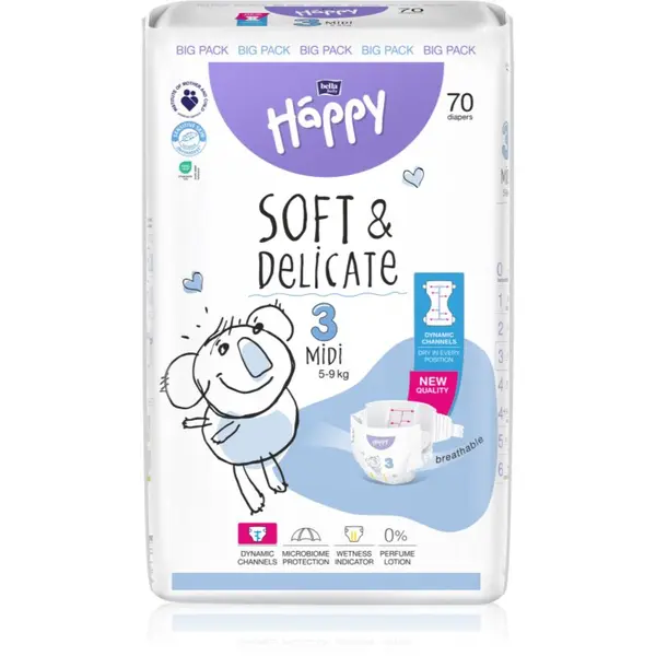 BELLA BELLA Baby Happy Soft&Delicate jednokratne pelene s kanalićima Midi 5-9 kg 70 kom